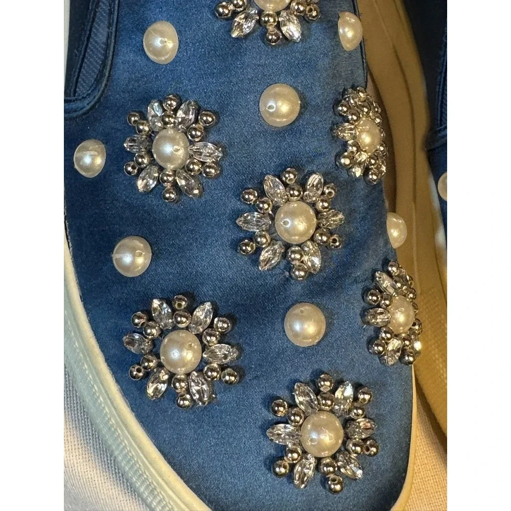 Topshop slip-on loafers 38 blue comfort shoes pearl embellished crystal preppy